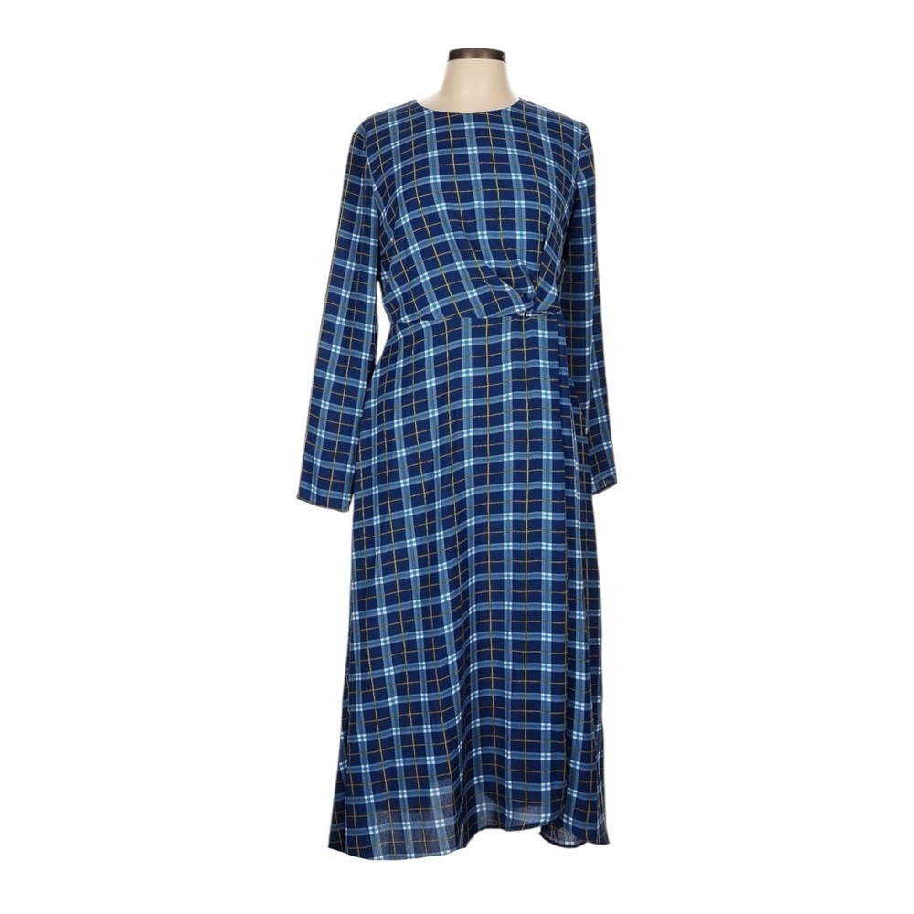 C/MEO Collective Plaid Maxi Dress L NWOT Blue Check Asymmetrical Wrap L/S
